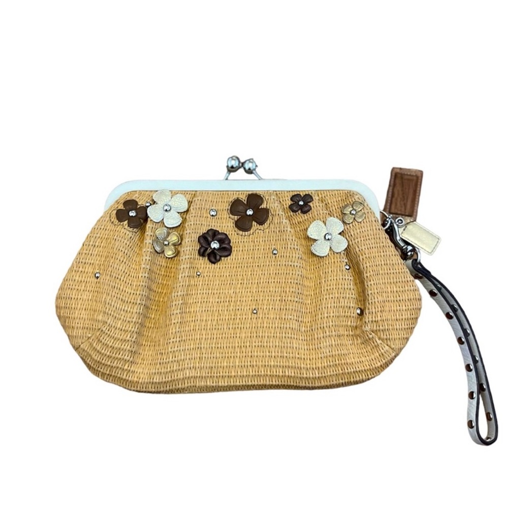 Coach Natalie Limited Edition Tea Rose Floral Straw Kisslock Clutch Wristlet - Picture 2 of 10